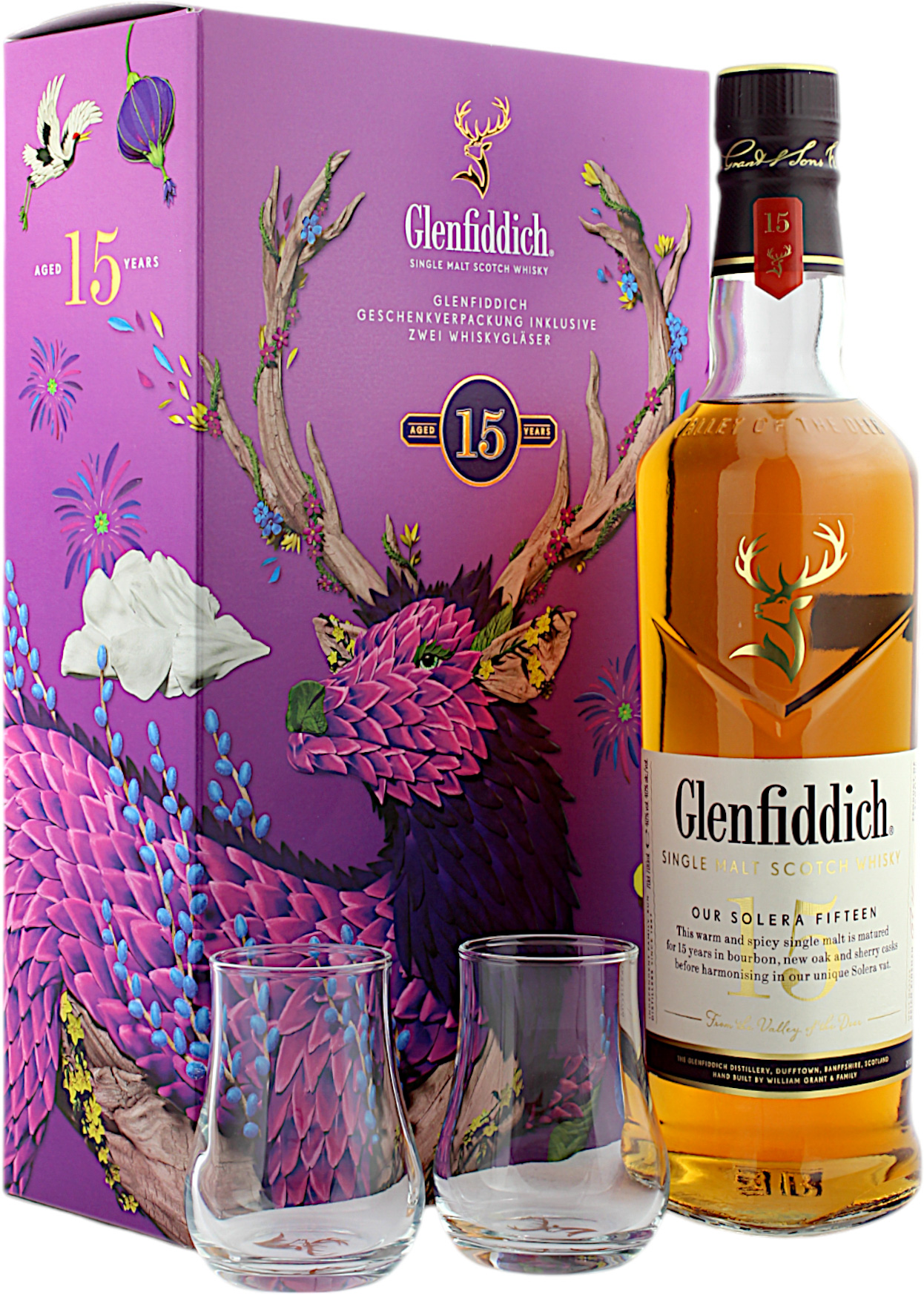 Glenfiddich 15 Jahre Geschenkset mit 2 Gläsern 40.0% 0,7l