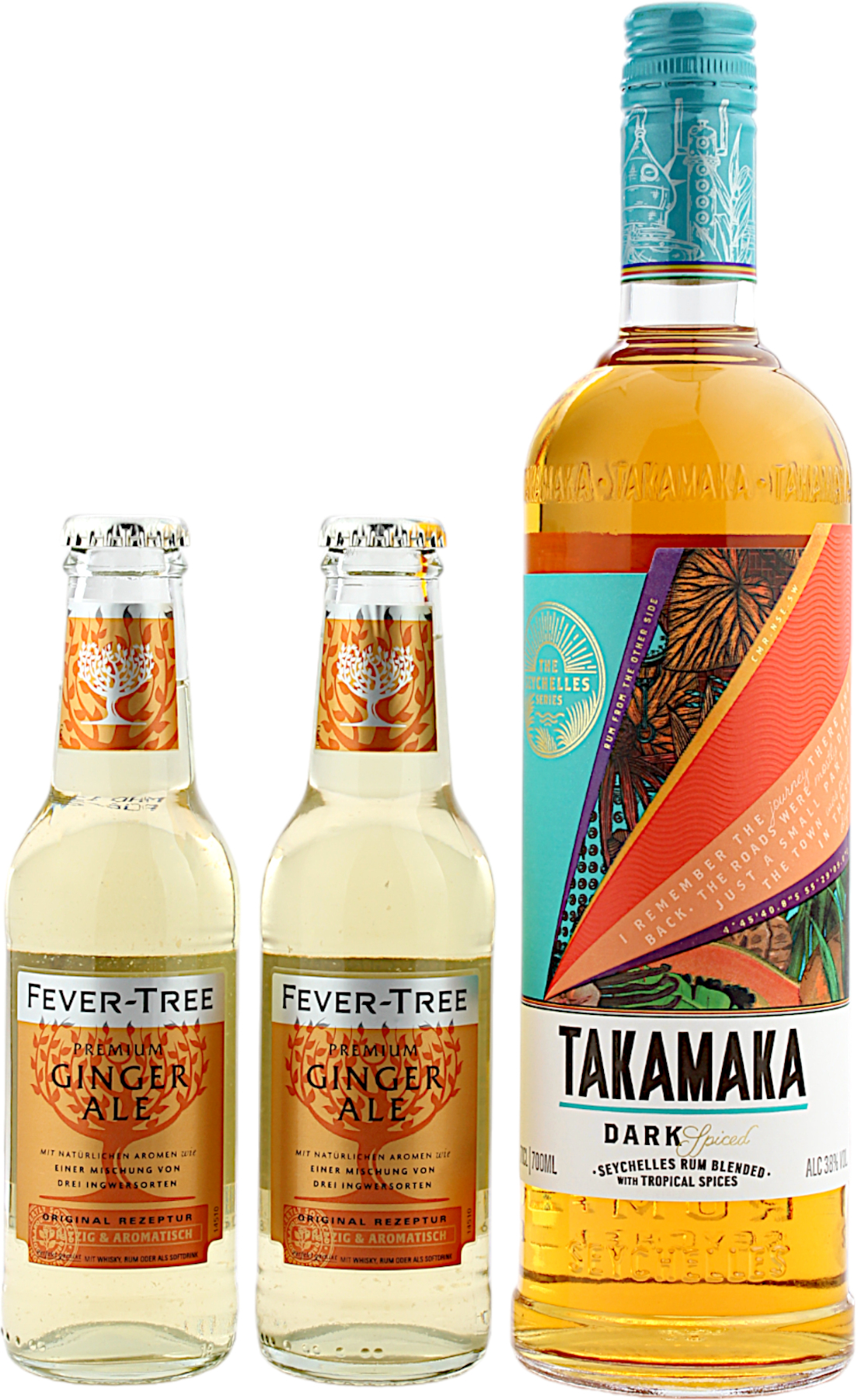 Takamaka Dark Spiced Rum Geschenkset mit 2 Fever-Tree Ginger Ale 38.0% 0,7l