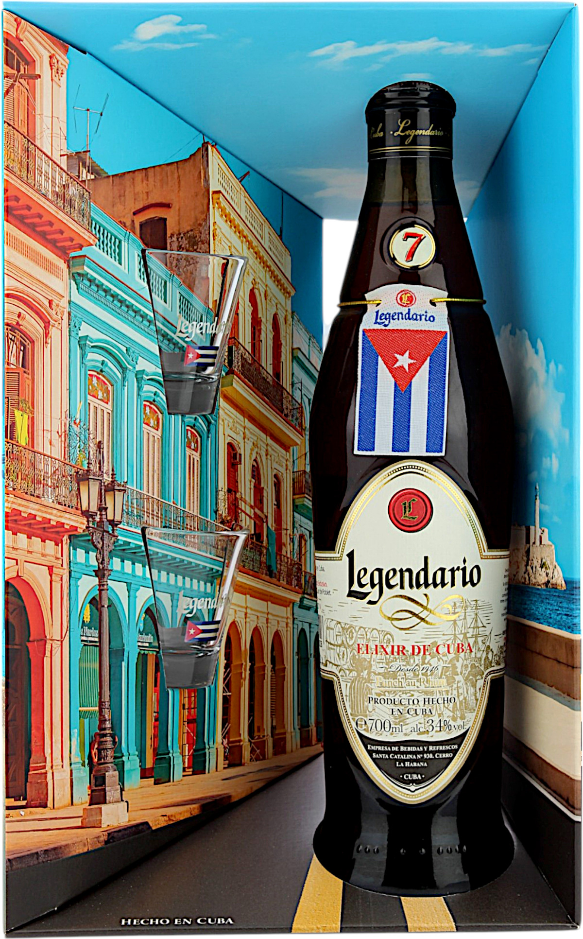 Legendario Elixir de Cuba Geschenkbox mit zwei Gläsern 34.0% 0,7l